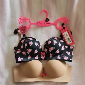 Betsey Johnson Push Up Bras 2 Pack Floral and Beige Set 34B